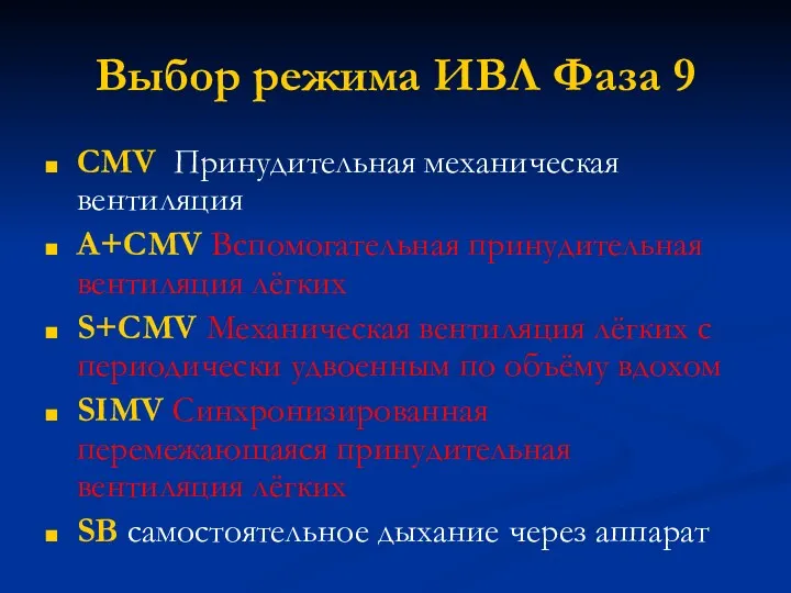 Выбор режима ИВЛ Фаза 9 CMV Принудительная механическая вентиляция A+CMV