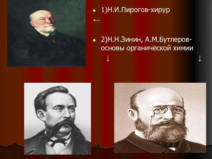 1)Н.И.Пирогов-хирур ← 2)Н.Н.Зинин, А.М.Бутлеров- основы органической химии ↓ ↓