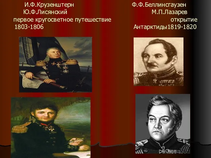 И.Ф.Крузенштерн Ф.Ф.Беллинсгаузен Ю.Ф.Лисянский М.П.Лазарев первое кругосветное путешествие открытие 1803-1806 Антарктиды1819-1820