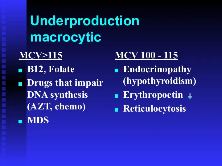 Underproduction macrocytic MCV>115 B12, Folate Drugs that impair DNA synthesis