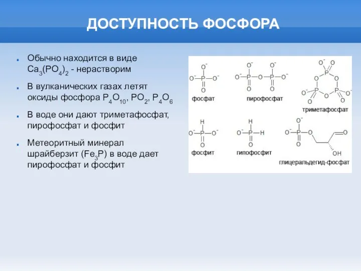 ДОСТУПНОСТЬ ФОСФОРА Обычно находится в виде Ca3(PO4)2 - нерастворим В вулканических газах летят