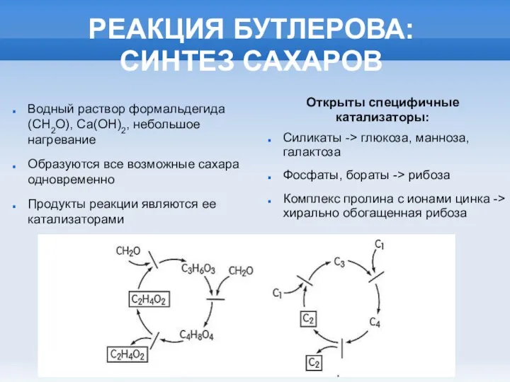 РЕАКЦИЯ БУТЛЕРОВА: СИНТЕЗ САХАРОВ Водный раствор формальдегида (СН2О), Са(ОН)2, небольшое нагревание Образуются все