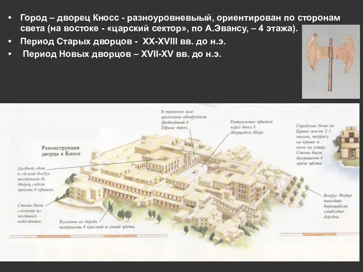 Город – дворец Кносс - разноуровневыый, ориентирован по сторонам света