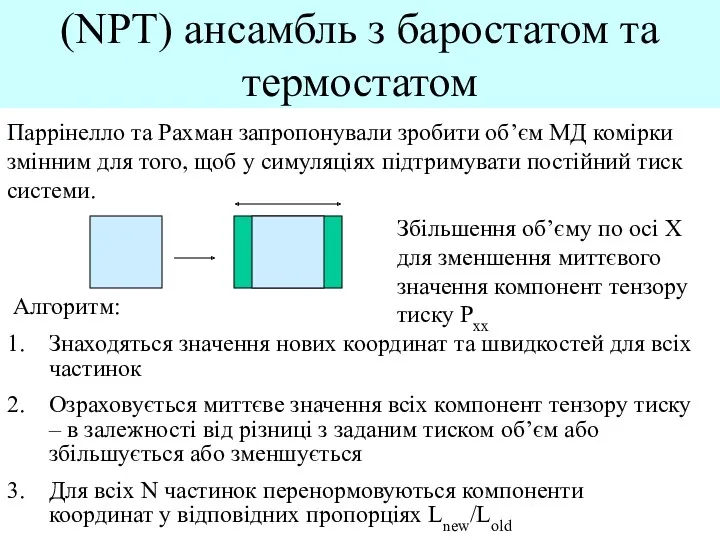 (NPT) ансамбль з баростатом та термостатом Паррінелло та Рахман запропонували зробити об’єм МД