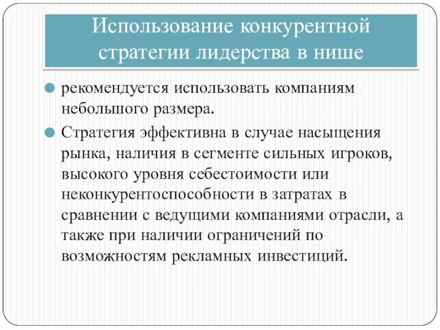 Использование конкурентной стратегии лидерства в нише рекомендуется использовать компаниям небольшого