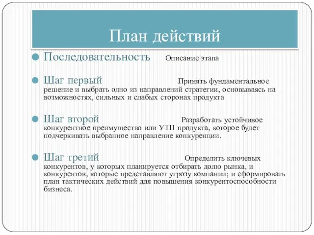 План действий Последовательность Описание этапа Шаг первый Принять фундаментальное решение