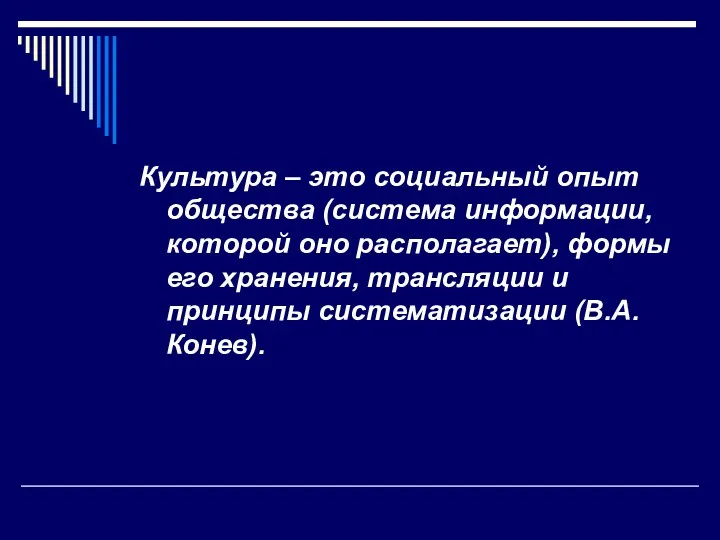 Культура – это социальный опыт общества (система информации, которой оно располагает), формы его