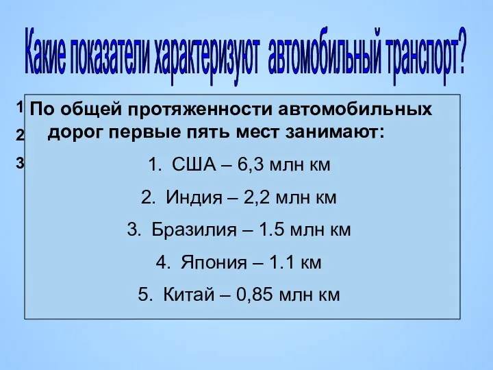 Какие показатели характеризуют автомобильный транспорт? Длина автомобильных дорог. Размеры автомобильных