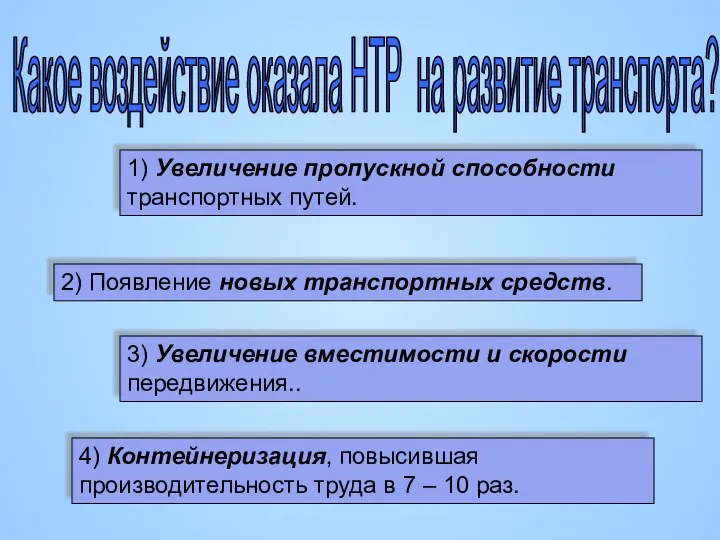 Какое воздействие оказала НТР на развитие транспорта? 1) Увеличение пропускной