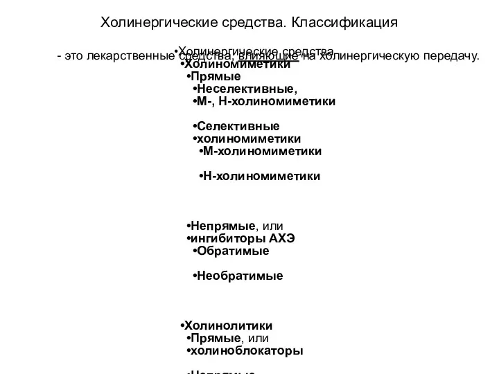 Холинергические средства. Классификация - это лекарственные средства, влияющие на холинергическую