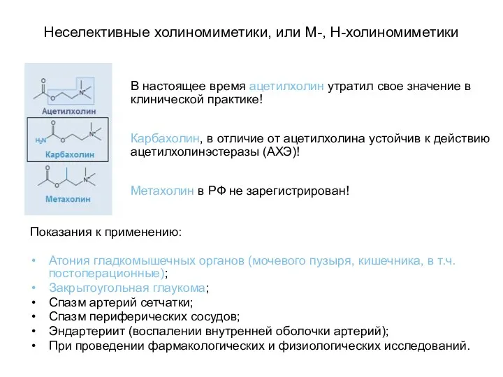 Неселективные холиномиметики, или М-, Н-холиномиметики Показания к применению: Атония гладкомышечных