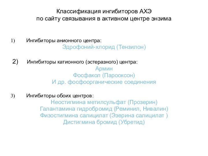 Классификация ингибиторов АХЭ по сайту связывания в активном центре энзима