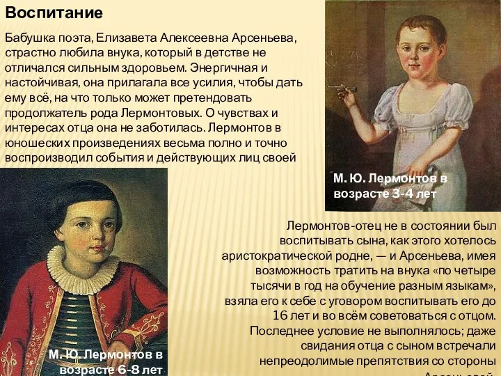 Воспитание Бабушка поэта, Елизавета Алексеевна Арсеньева, страстно любила внука, который