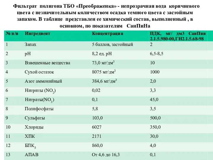 Фильтрат полигона ТБО «Преображенка» - непрозрачная вода коричневого цвета с незначительным количеством осадка