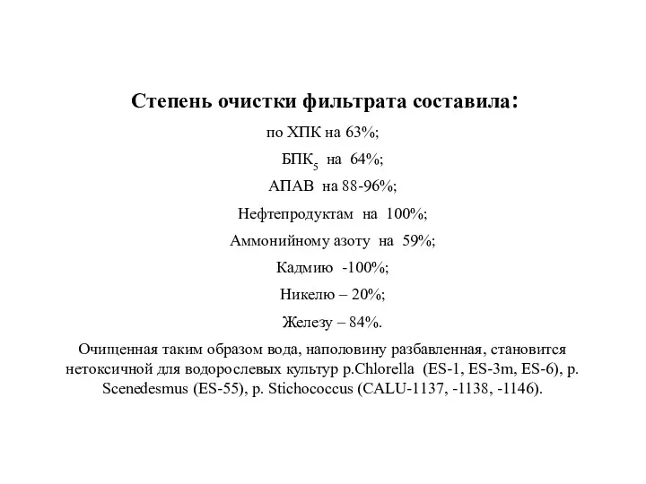 Степень очистки фильтрата составила: по ХПК на 63%; БПК5 на 64%; АПАВ на