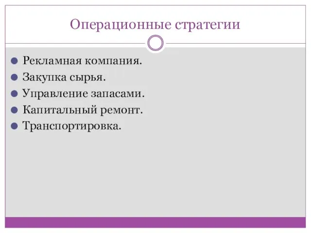 Операционные стратегии Рекламная компания. Закупка сырья. Управление запасами. Капитальный ремонт. Транспортировка.