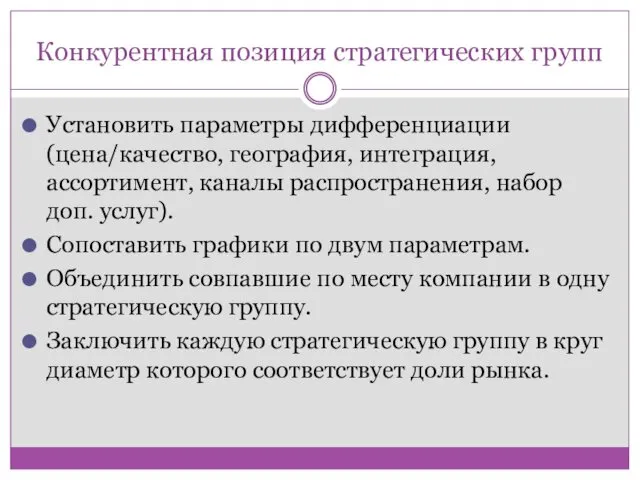 Конкурентная позиция стратегических групп Установить параметры дифференциации (цена/качество, география, интеграция,