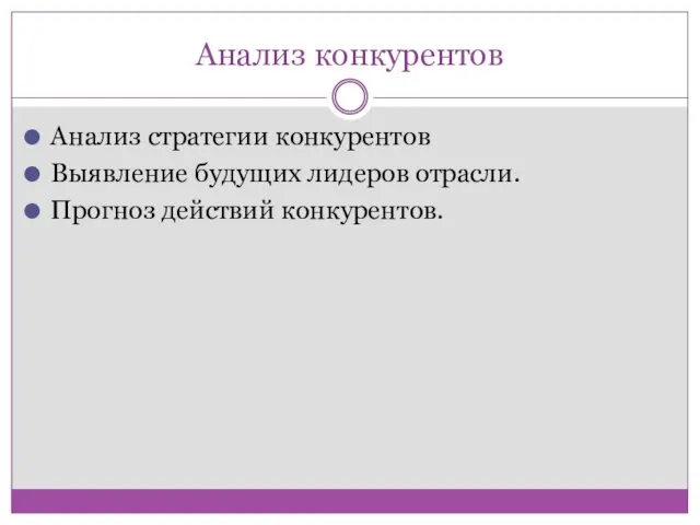 Анализ конкурентов Анализ стратегии конкурентов Выявление будущих лидеров отрасли. Прогноз действий конкурентов.