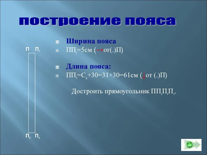 Ширина пояса ПП1=5см (→от(.)П) Длина пояса: ПП2=Ст+30=31+30=61см (↓от (.)П) Достроить