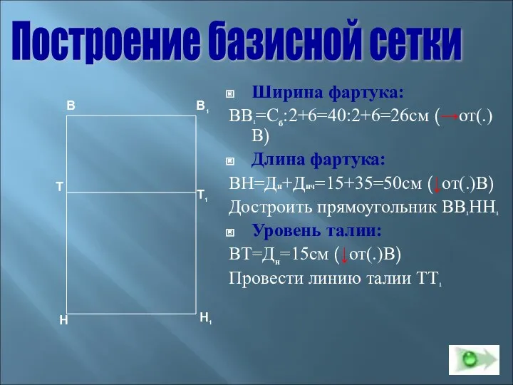 Ширина фартука: ВВ1=Сб:2+6=40:2+6=26см (→от(.)В) Длина фартука: ВН=Дн+Днч=15+35=50см (↓от(.)В) Достроить прямоугольник