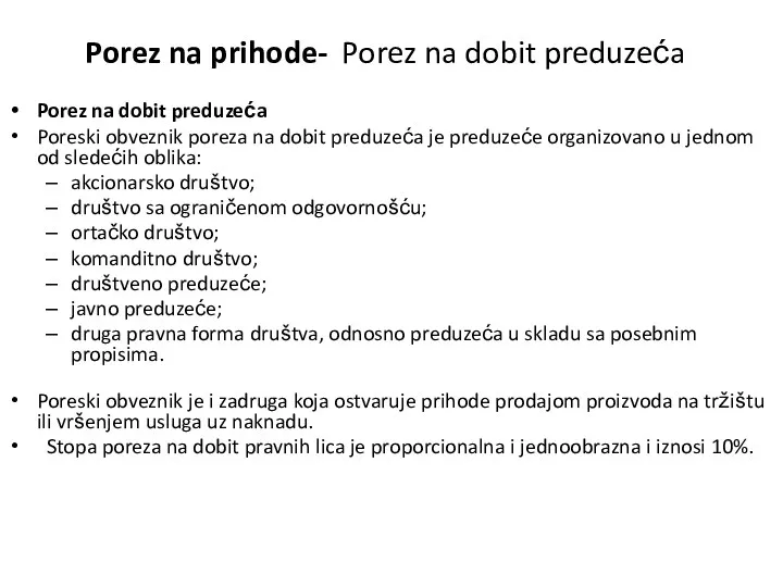 Porez na prihode- Porez na dobit preduzeća Porez na dobit