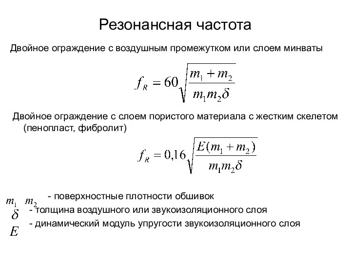 Резонансная частота Двойное ограждение с воздушным промежутком или слоем минваты