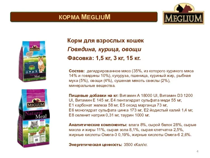 Состав: дегидрированное мясо (35%, из которого куриного мяса 14% и