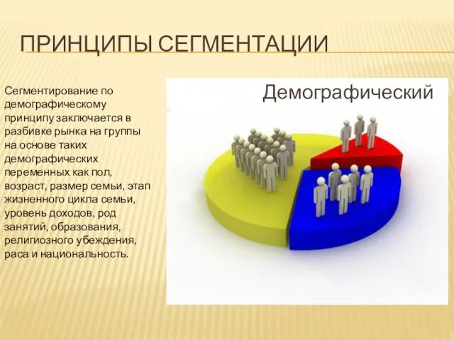 ПРИНЦИПЫ СЕГМЕНТАЦИИ Демографический Сегментирование по демографическому принципу заключается в разбивке