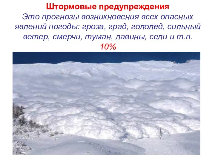 Штормовые предупреждения Это прогнозы возникновения всех опасных явлений погоды: гроза, град, гололед, сильный