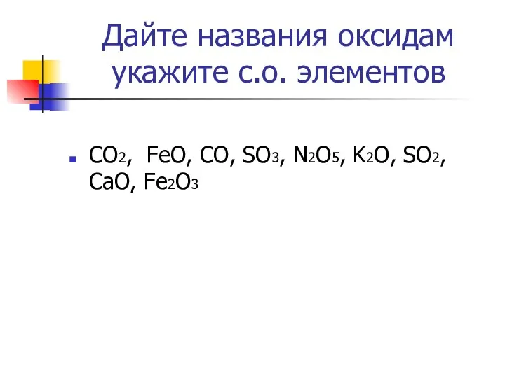 Дайте названия оксидам укажите с.о. элементов CO2, FeO, CO, SO3, N2O5, K2O, SO2, CaO, Fe2O3