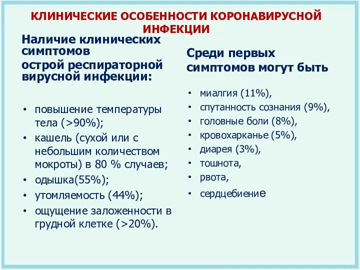 КЛИНИЧЕСКИЕ ОСОБЕННОСТИ КОРОНАВИРУСНОЙ ИНФЕКЦИИ Наличие клинических симптомов острой респираторной вирусной