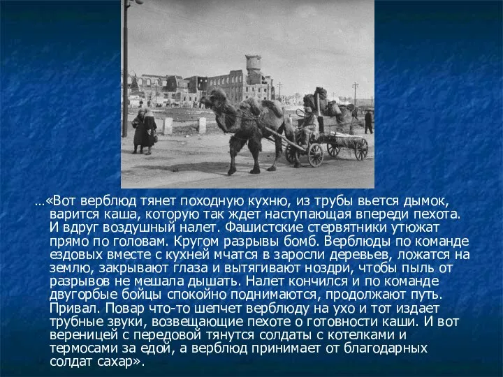 …«Вот верблюд тянет походную кухню, из трубы вьется дымок, варится