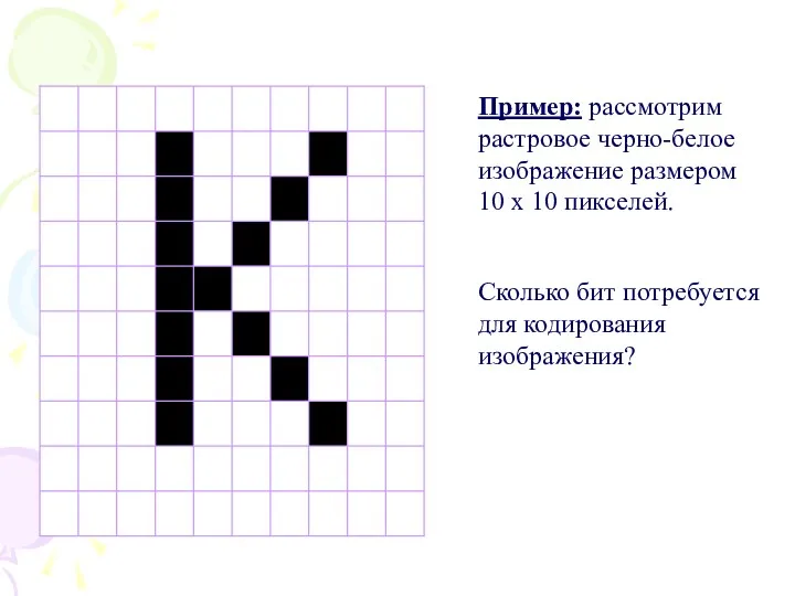 Пример: рассмотрим растровое черно-белое изображение размером 10 х 10 пикселей. Сколько бит потребуется для кодирования изображения?