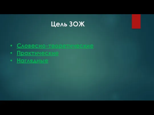 Цель ЗОЖ Словесно-теоретические Практические Наглядные