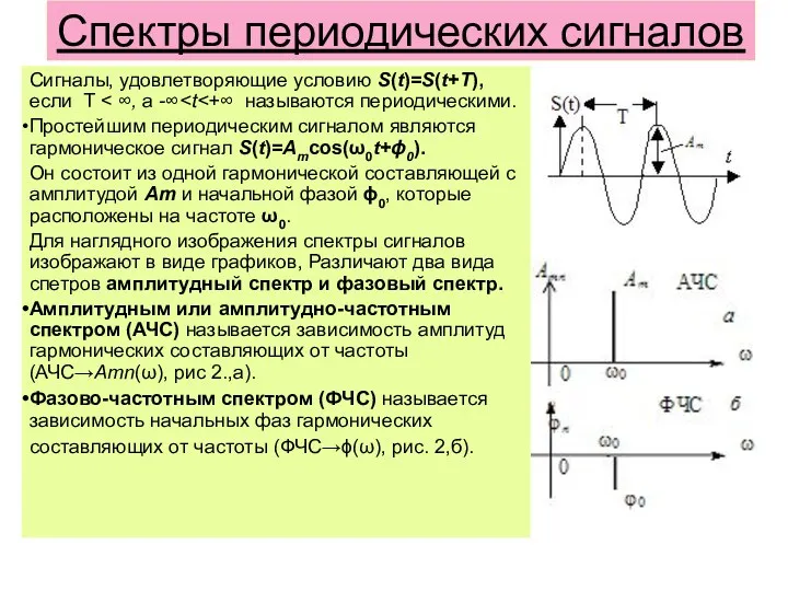 Спектры периодических сигналов Сигналы, удовлетворяющие условию S(t)=S(t+T), если Т Простейшим