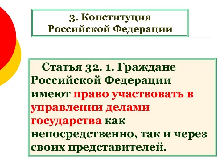 3. Конституция Российской Федерации Статья 32. 1. Граждане Российской Федерации