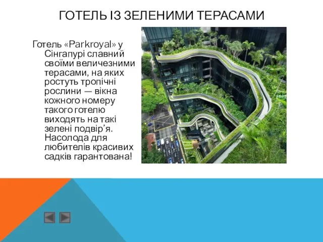 Готель «Parkroyal» у Сінгапурі славний своїми величезними терасами, на яких