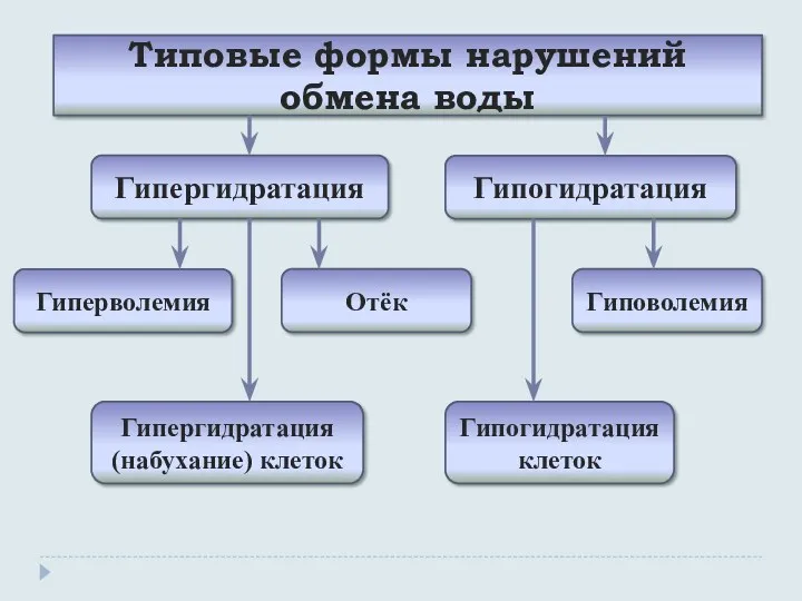 Гипергидратация Гиперволемия Отёк Гипергидратация (набухание) клеток Типовые формы нарушений обмена воды Гипогидратация Гиповолемия Гипогидратация клеток