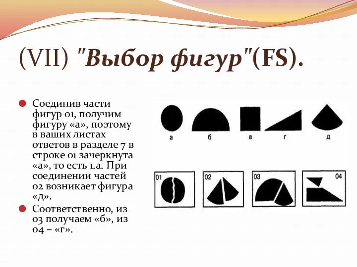 (VII) "Выбор фигур"(FS). Соединив части фигур 01, получим фигуру «а»,