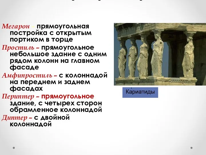 Типы древнегреческих храмов Мегарон – прямоугольная постройка с открытым портиком