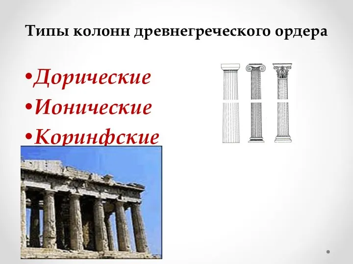 Типы колонн древнегреческого ордера Дорические Ионические Коринфские