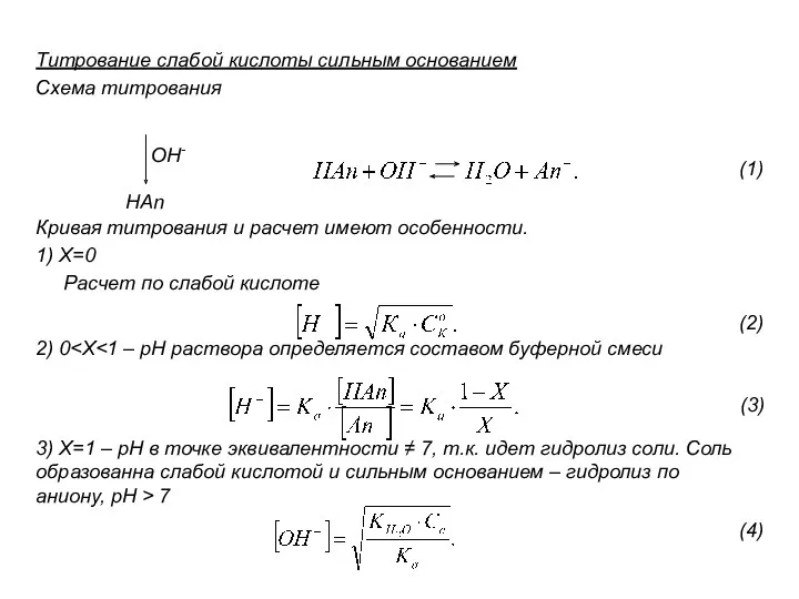 Титрование слабой кислоты сильным основанием Схема титрования Кривая титрования и
