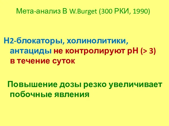 Мета-анализ В W.Burget (300 РКИ, 1990) Н2-блокаторы, холинолитики, антациды не