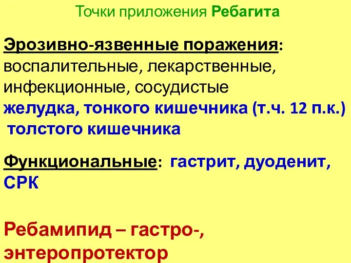 Точки приложения Ребагита Эрозивно-язвенные поражения: воспалительные, лекарственные, инфекционные, сосудистые желудка,