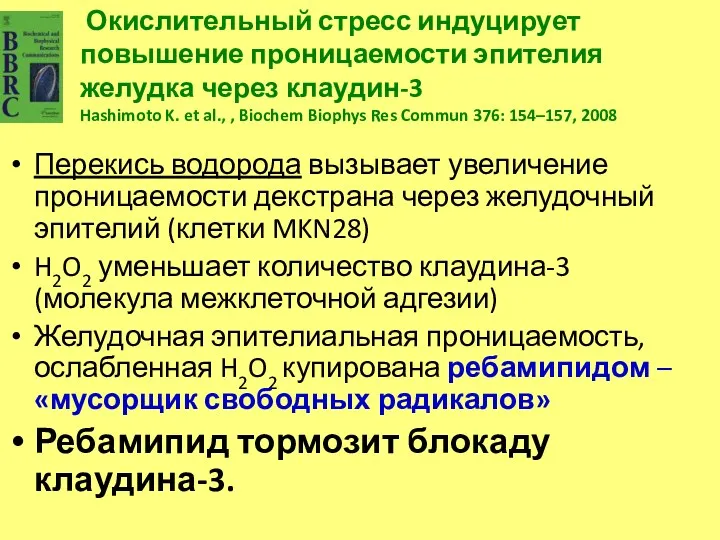 Перекись водорода вызывает увеличение проницаемости декстрана через желудочный эпителий (клетки