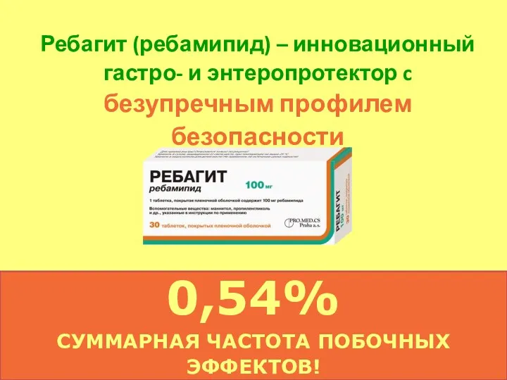 0,54% СУММАРНАЯ ЧАСТОТА ПОБОЧНЫХ ЭФФЕКТОВ! Ребагит (ребамипид) – инновационный гастро- и энтеропротектор c безупречным профилем безопасности