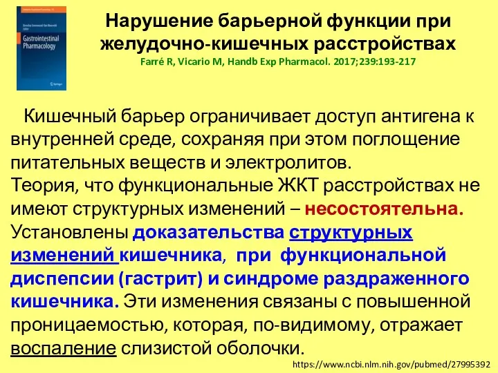 Нарушение барьерной функции при желудочно-кишечных расстройствах Farré R, Vicario M,