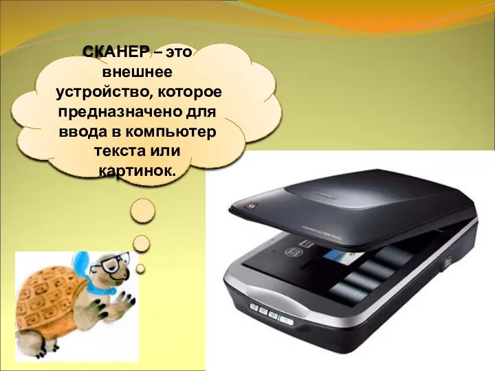 СКАНЕР – это внешнее устройство, которое предназначено для ввода в компьютер текста или картинок.