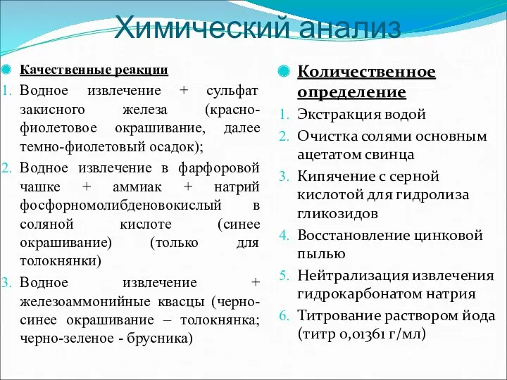 Химический анализ Качественные реакции Водное извлечение + сульфат закисного железа