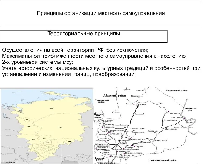 Принципы организации местного самоуправления Территориальные принципы Осуществления на всей территории РФ, без исключения;